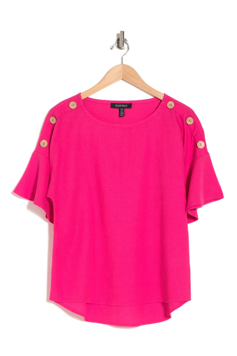 Round Neck Button Detail Linen Blend Top, Alternate, color, FUCHSIA