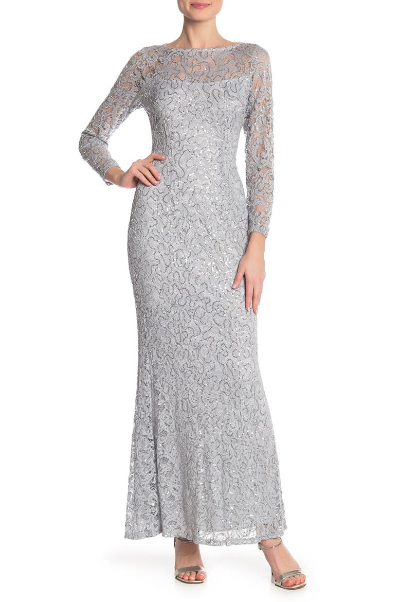 Sequin Lace Long Sleeve Gown, Main, color, SIL