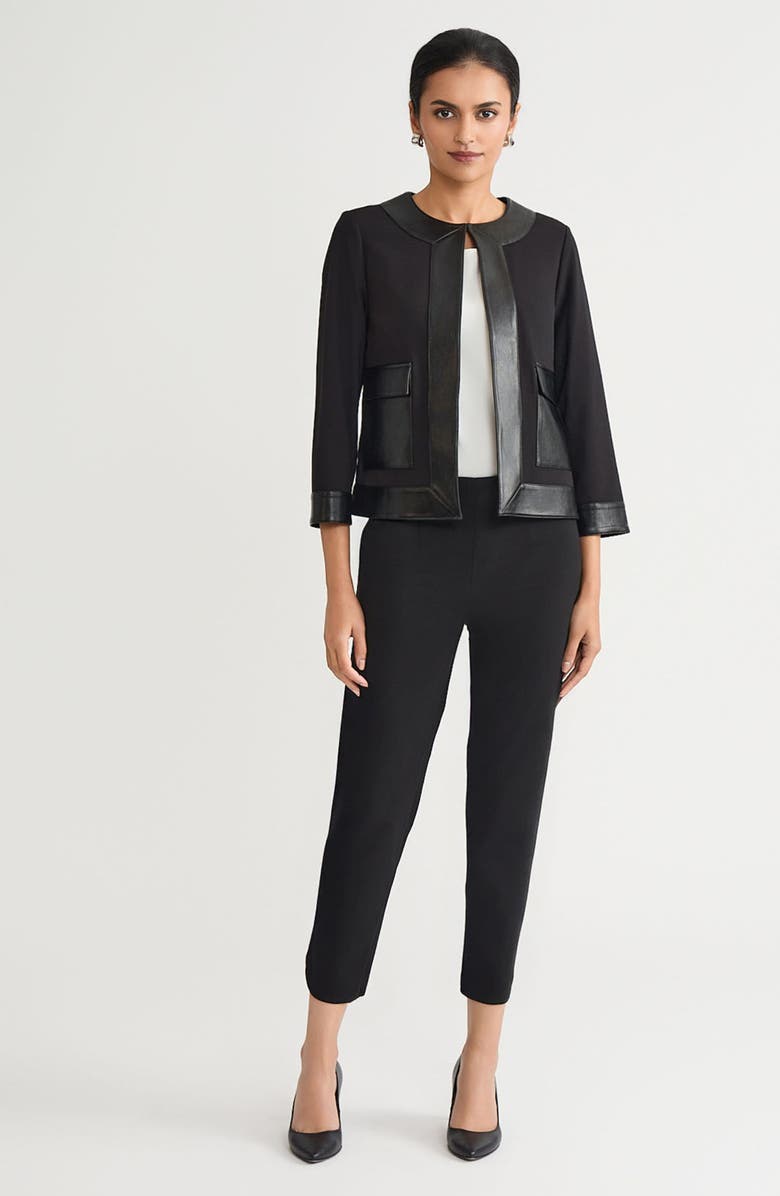 Ming Wang Faux Leather Trim Stretch Ponte Jacket, Alternate, color, Black