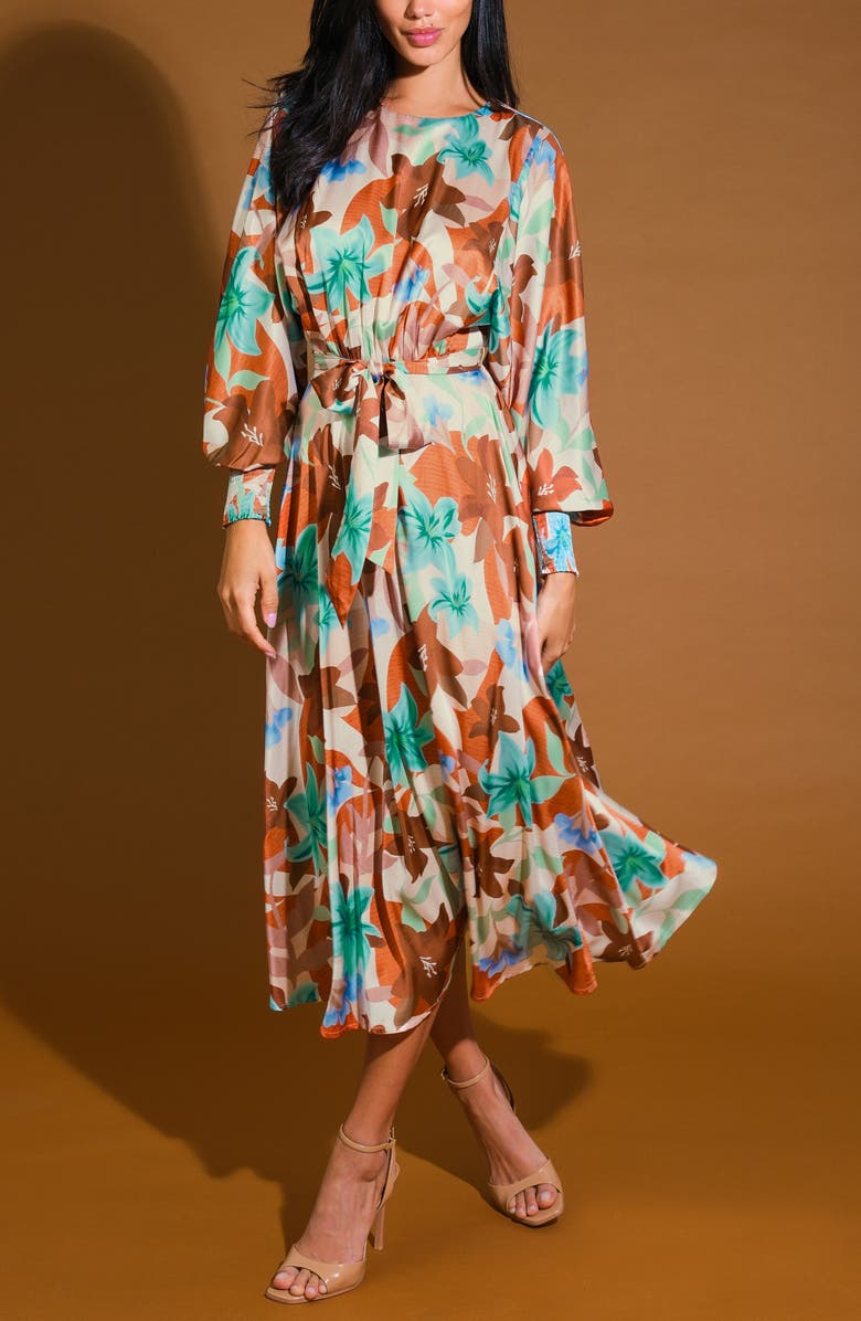 FLYING TOMATO Bishop Sleeve Satin Midi Dress, Alternate, color,