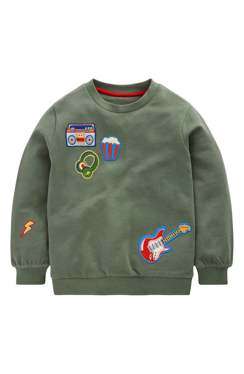 Mini Boden Kids' Entertainment Appliqué Cotton Sweatshirt, Main, color, Green Activity