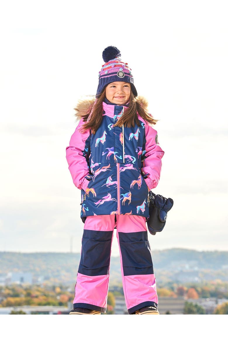 Little Girl's Two Piece Snowsuit Mauve Printed Unicorns, Alternate, color, Crocus