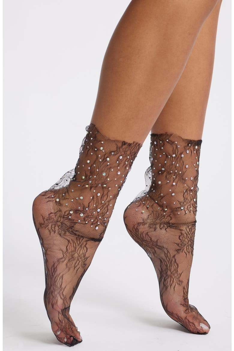 Crystal Sheer Lace Crew Socks, Main, color, BLACK