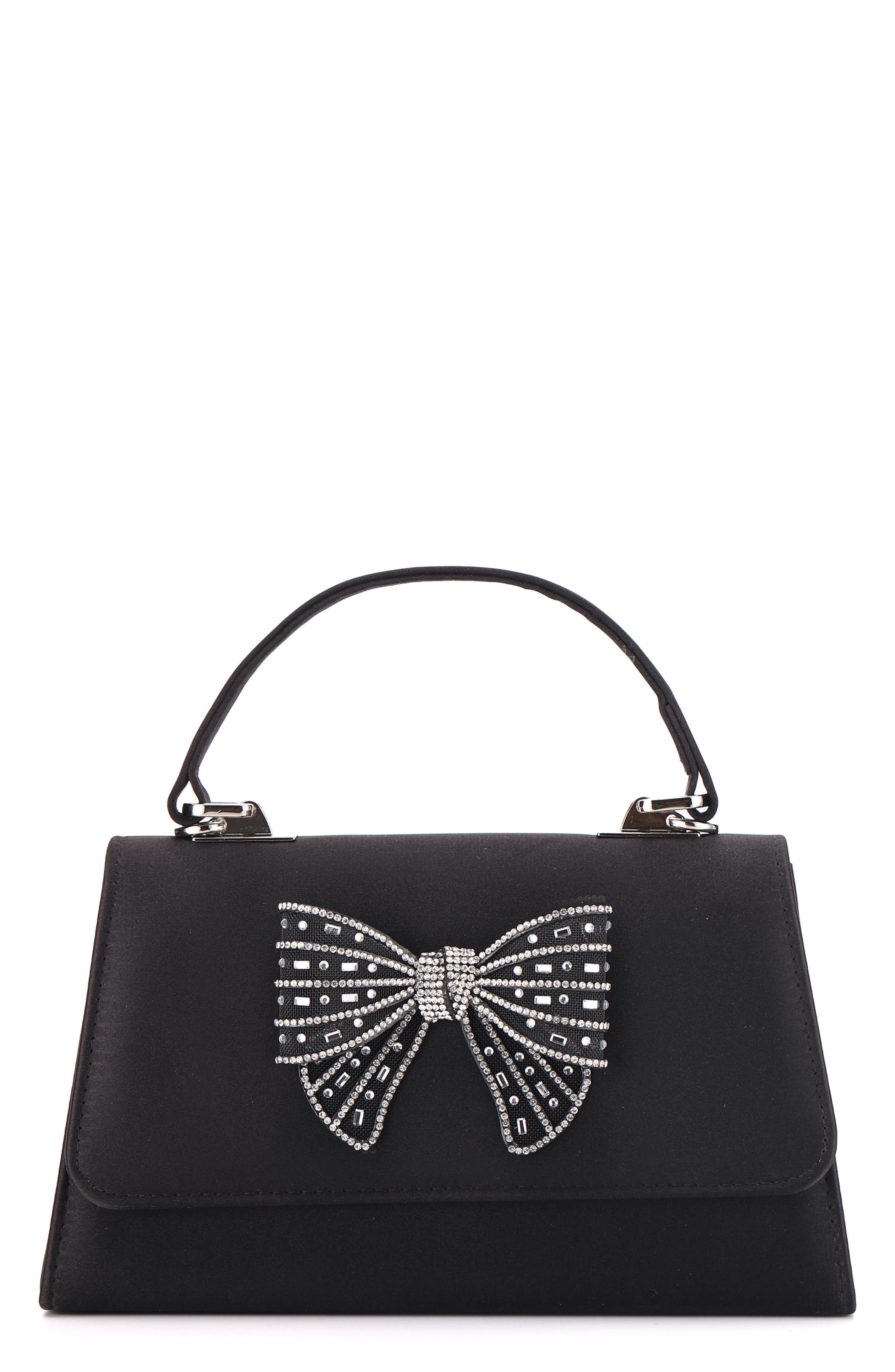 Leslie Crystal Bow Satin Clutch, Main, color, BLACK