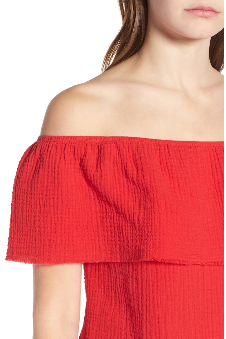 Ruffle Off the Shoulder Top, Alternate, color, RED