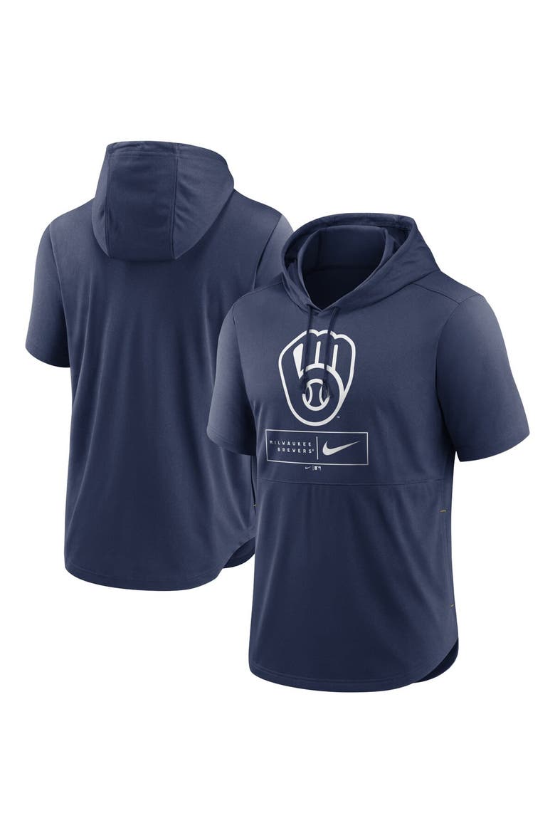 Men's Nike Navy Milwaukee Brewers Lockup Performance Short Sleeve Lightweight Hooded Top, Alternate, color, Navy