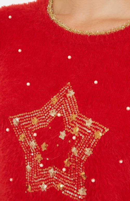 Yumi Fluffy Star Christmas Sweater In Red