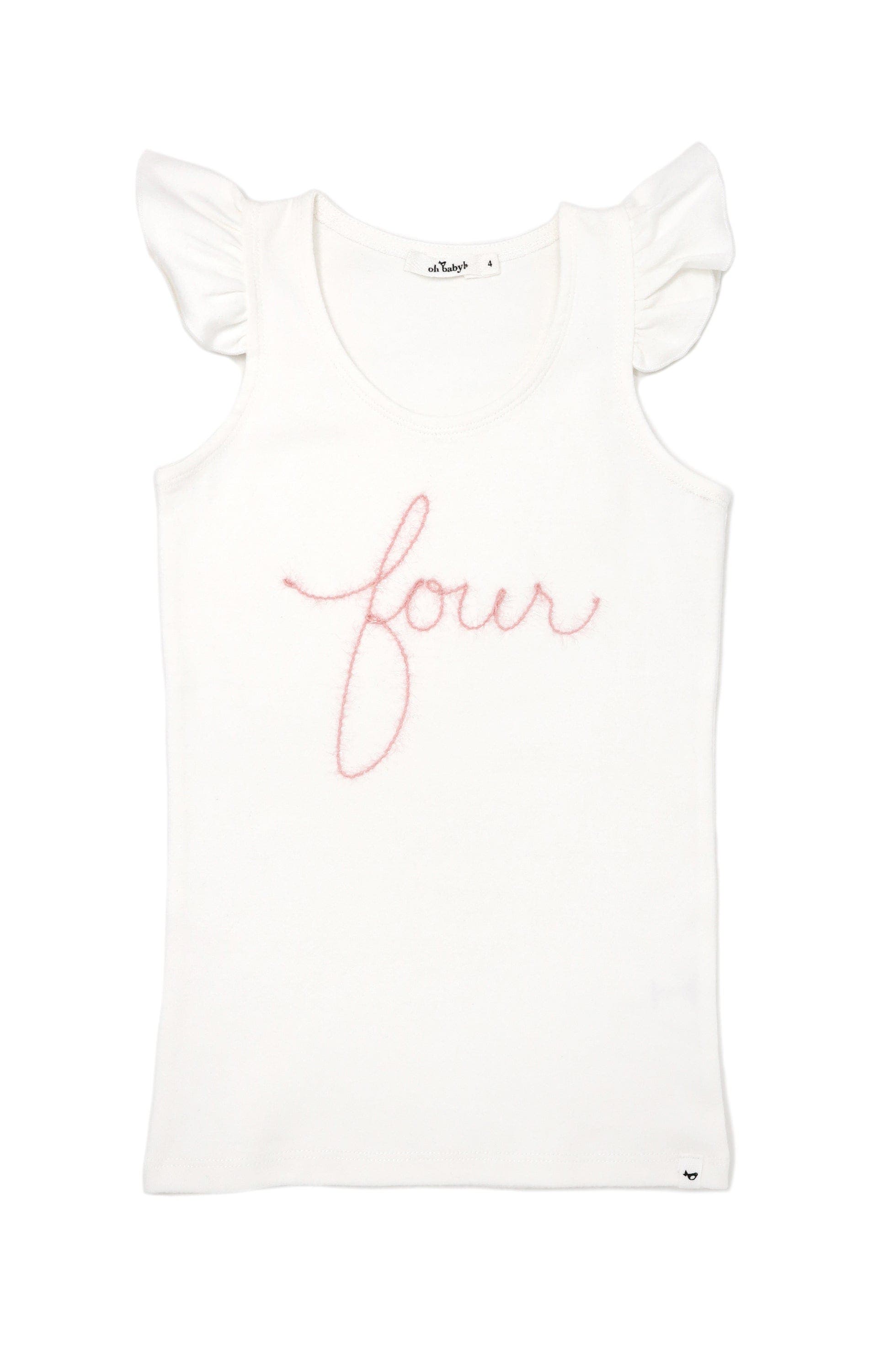 oh baby! "four" Pink Embroidered Cotton Baby Rib Flutter Sleeve Tank in Cream 