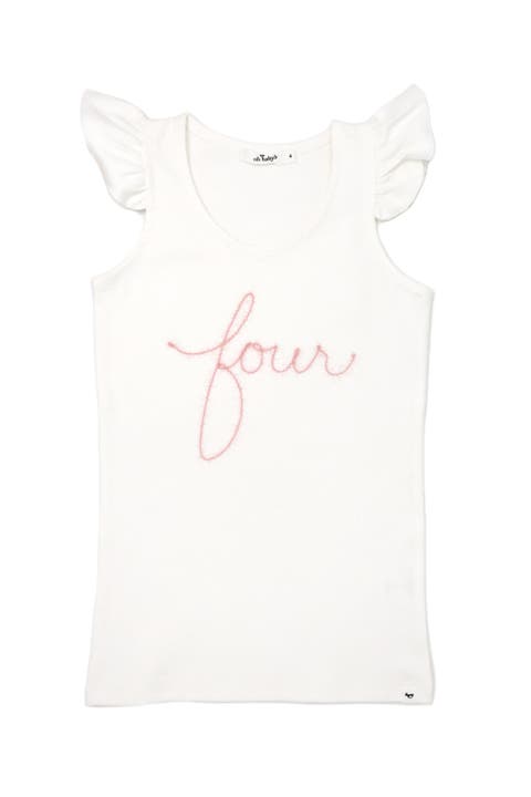 "four" Pink Embroidered Cotton Baby Rib Flutter Sleeve Tank