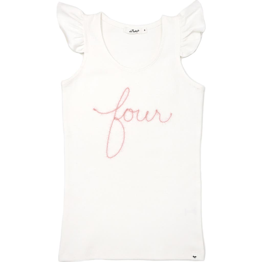 oh baby! "four" Pink Embroidered Cotton Baby Rib Flutter Sleeve Tank in Cream  product