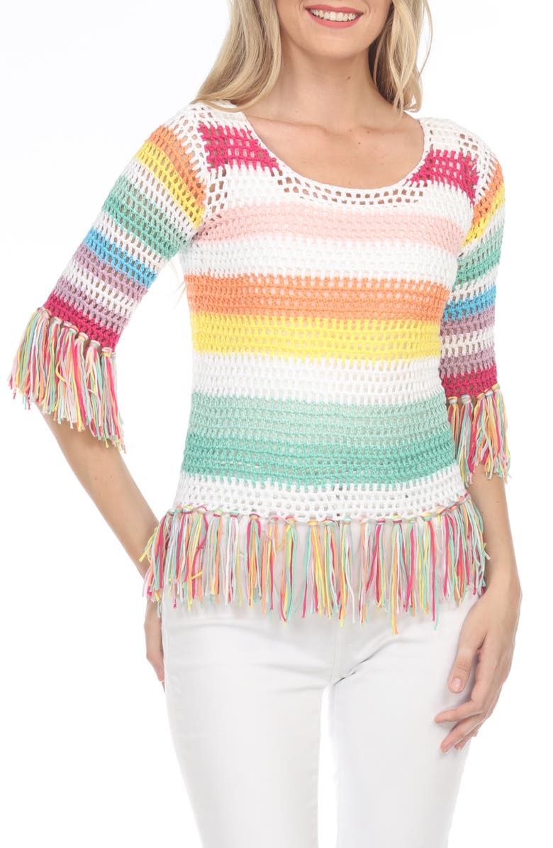 RAIN AND ROSE Three-Quarter Sleeve Rainbow Open Stitch Top, Main, color,