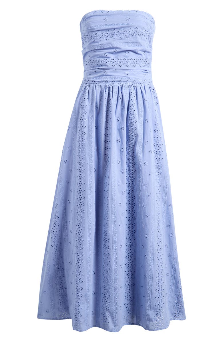 WAYF Pippa Gathered Eyelet Strapless Cotton Midi Dress, Alternate, color, 