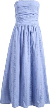 WAYF Pippa Gathered Eyelet Strapless Cotton Midi Dress
