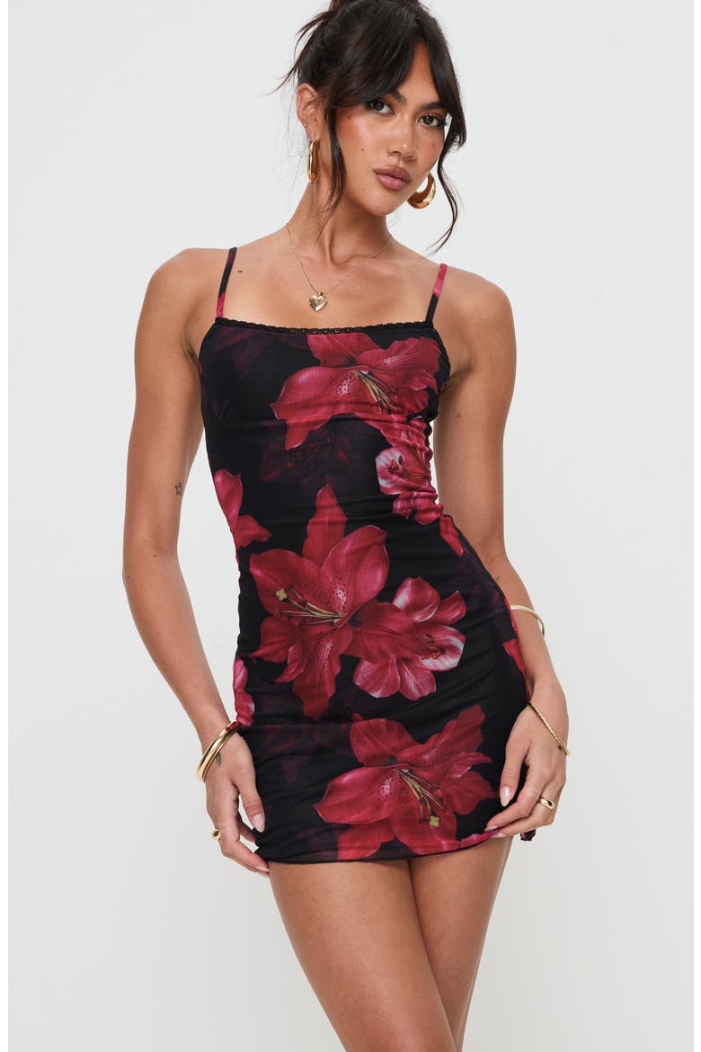 Kellers Floral Mesh Mini Slipdress, Alternate, color, BLACK / RED