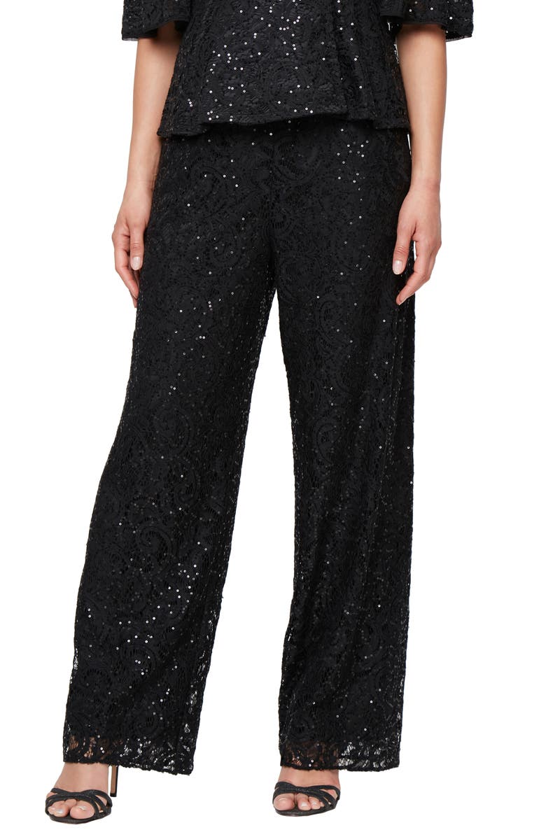 Alex Evenings Sequin Lace Wide Leg Pants, Main, color, Black