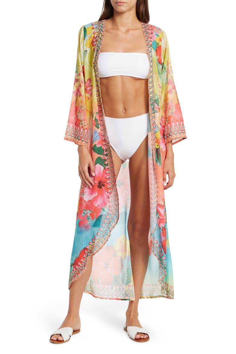 Blooming Floral Long Duster, Main, color, YELLOW