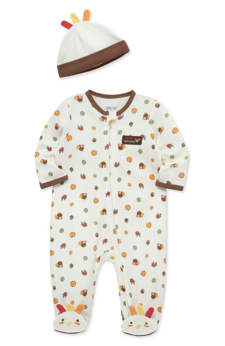 Little Me My First Thanksgiving Cotton Footie & Hat Set, Alternate, color,
