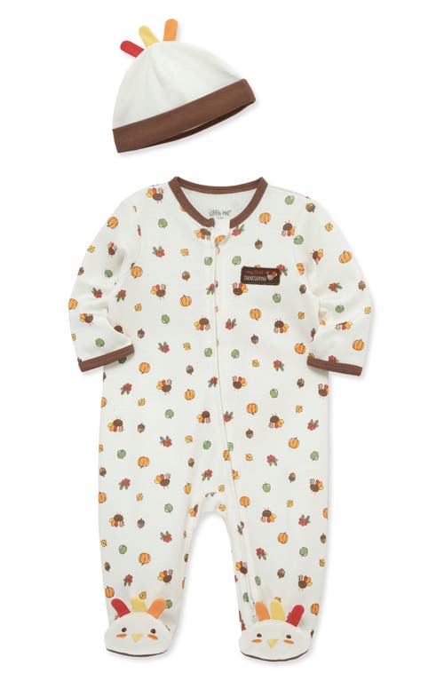 Little Me My First Thanksgiving Cotton Footie & Hat Set In White