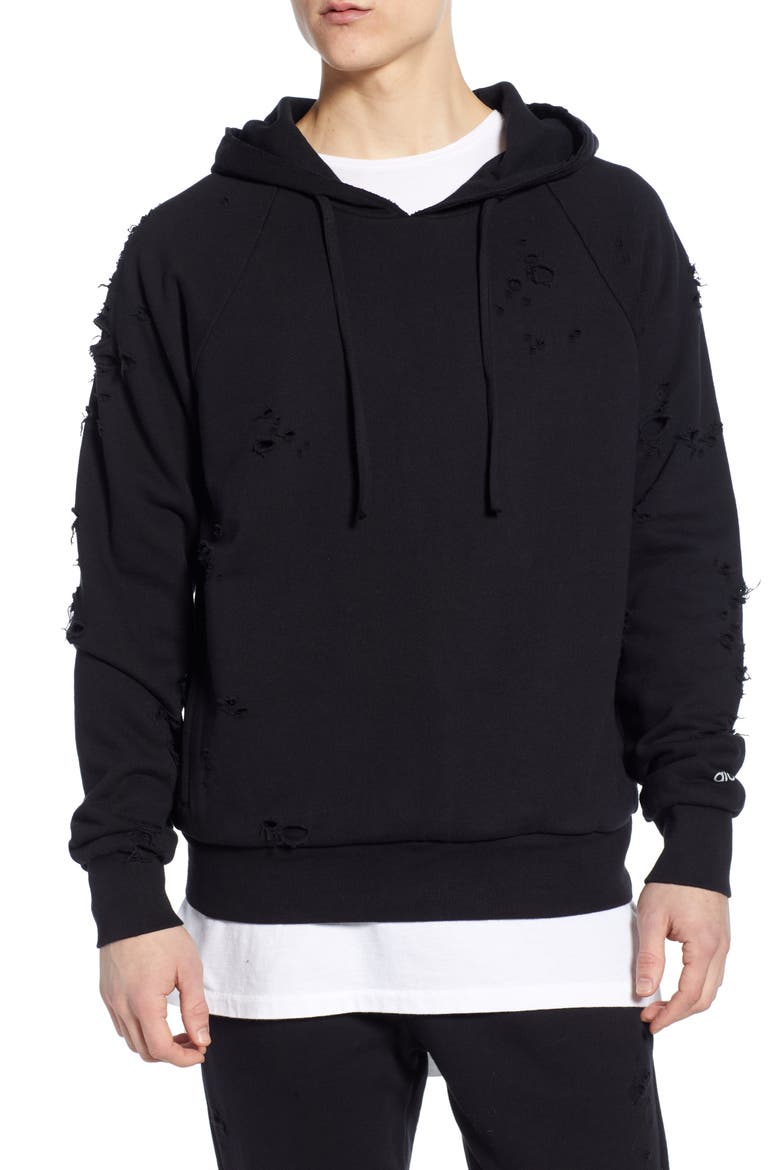 Ripped Hooded Sweatshirt, Main, color, BLACK