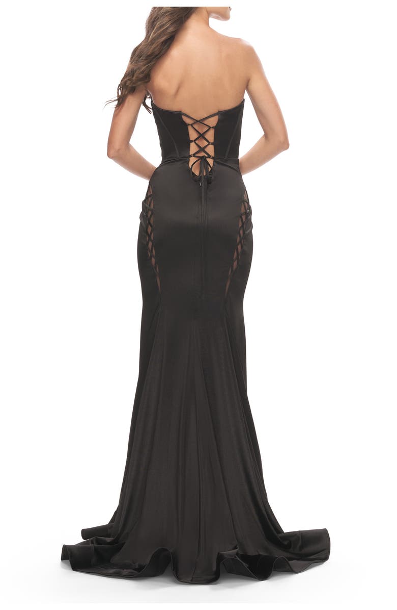 La Femme Liquid Jersey Gown with Mesh Strappy Side Panels, Alternate, color, Black