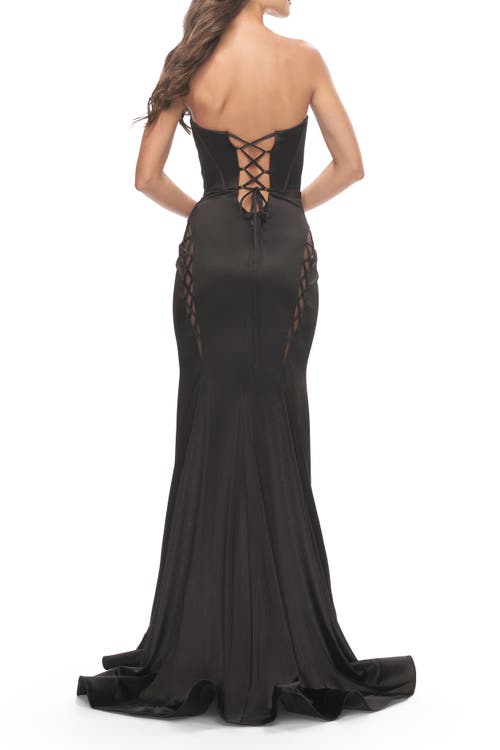 La Femme Liquid Jersey Gown With Mesh Strappy Side Panels In Black