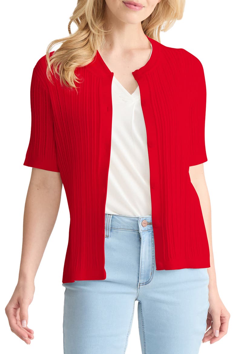 Rib Short Sleeve Cardigan, Main, color, ROUGE