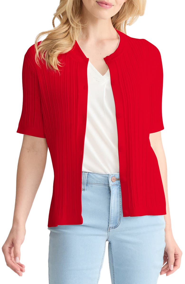 Jones New York Rib Short Sleeve Cardigan, Main, color, Rouge