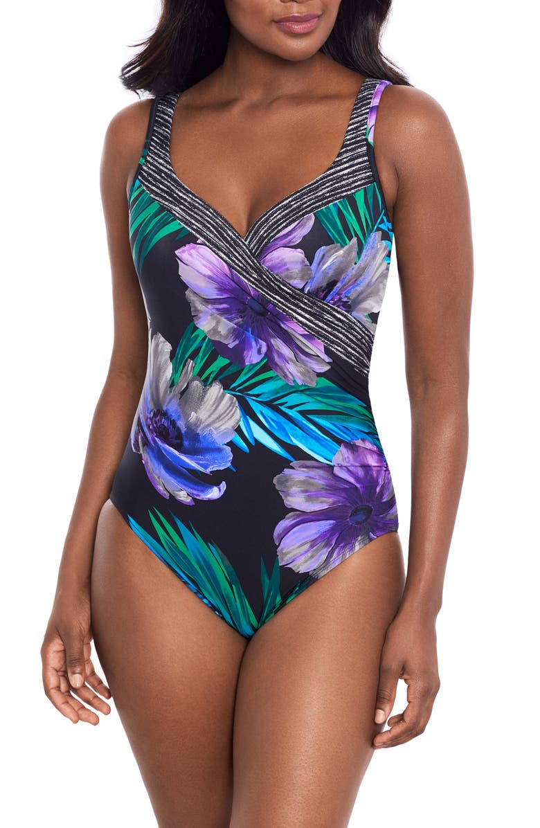 Miraclesuit<sup>®</sup> Flora Aura It's A Wrap One-Piece Swimsuit, Main, color, Black Multi