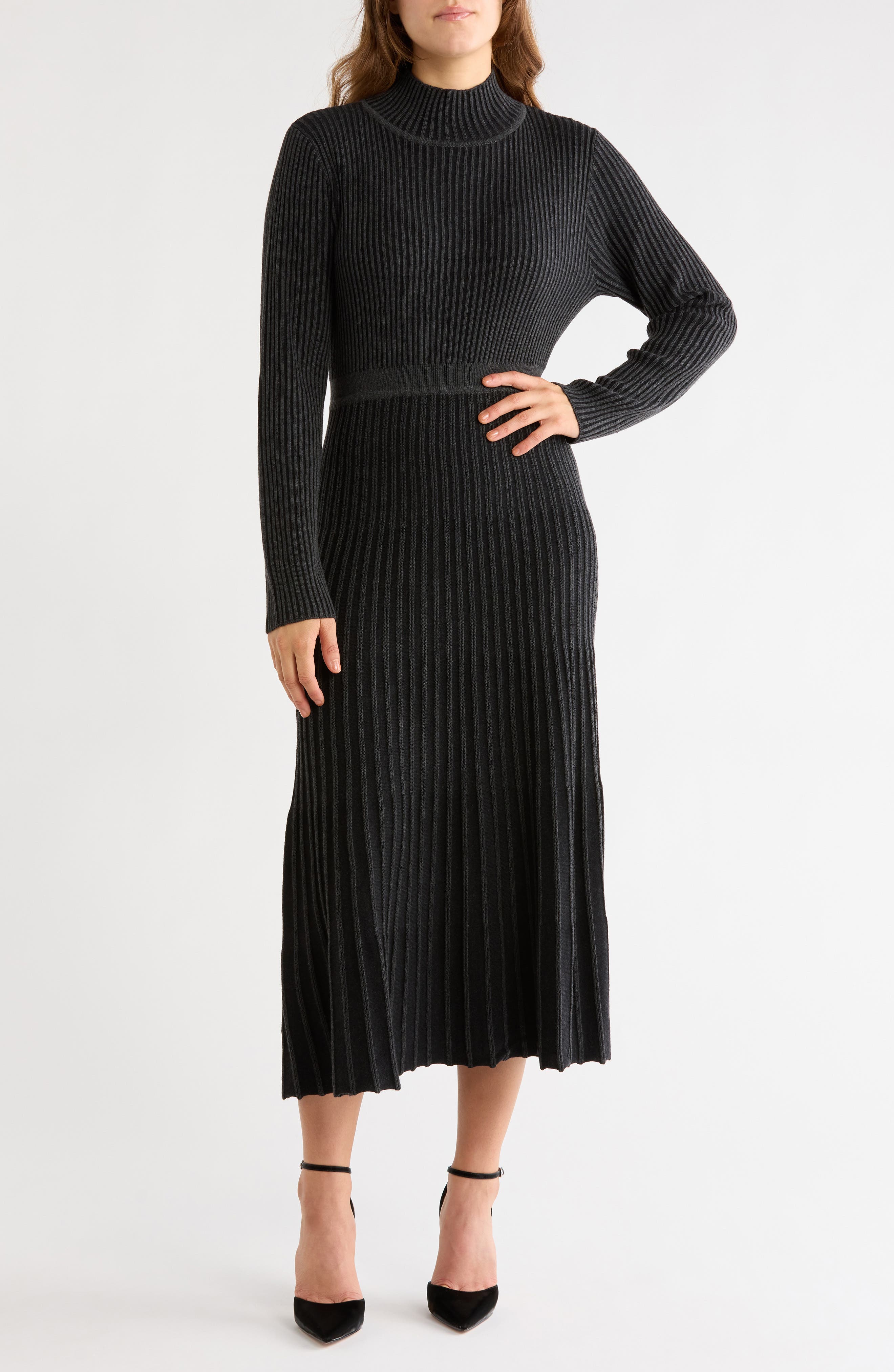 Mock Neck Long Sleeved Plaited Rib Dress