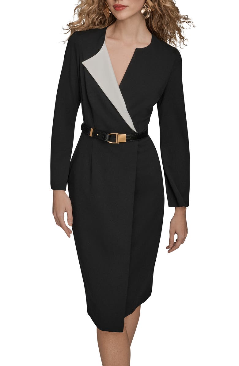 Donna Karan New York Asymmetric Collar Long Sleeve Dress, Alternate, color, Black Cream