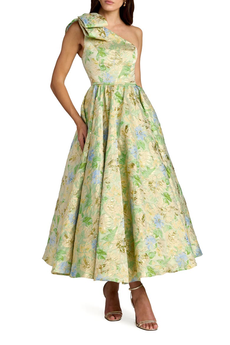 One-Shoulder Floral Brocade Midi Dress with Bow Detail, Main, color, Green Multi