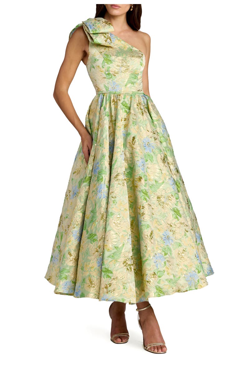 Mac Duggal One-Shoulder Floral Brocade Midi Dress with Bow Detail, Main, color, Green Multi