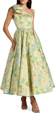 Mac Duggal One-Shoulder Floral Brocade Midi Dress with Bow Detail