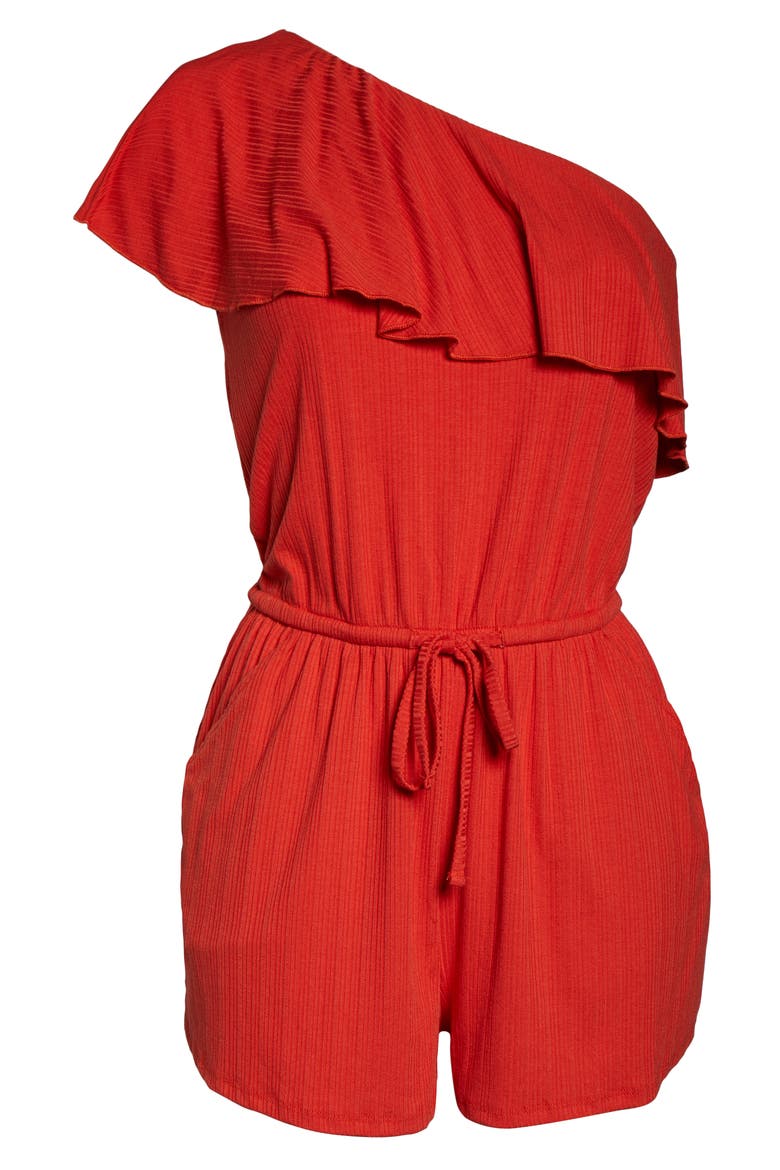 Follow the Sun One-Shoulder Ruffle Romper, Alternate, color, FUEGO