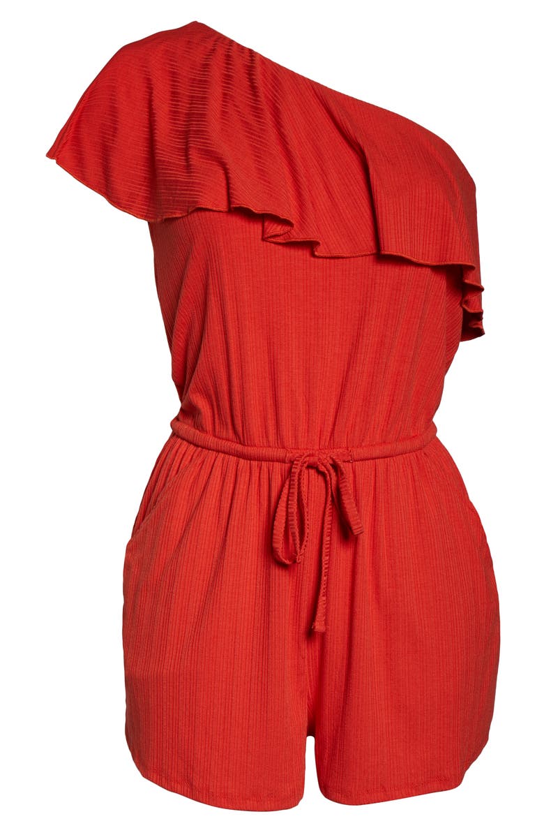 Billabong Follow the Sun One-Shoulder Ruffle Romper, Alternate, color, 