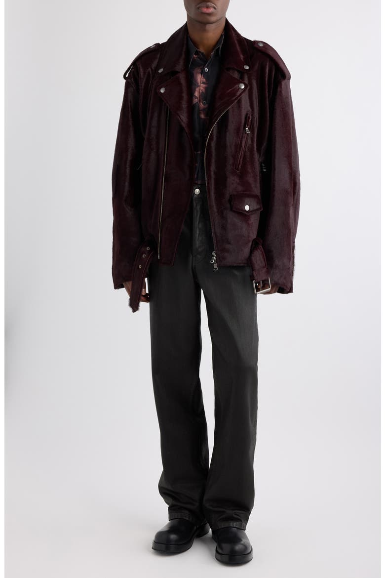 Genuine Calf Hair Biker Jacket, Alternate, color, BURGUNDY