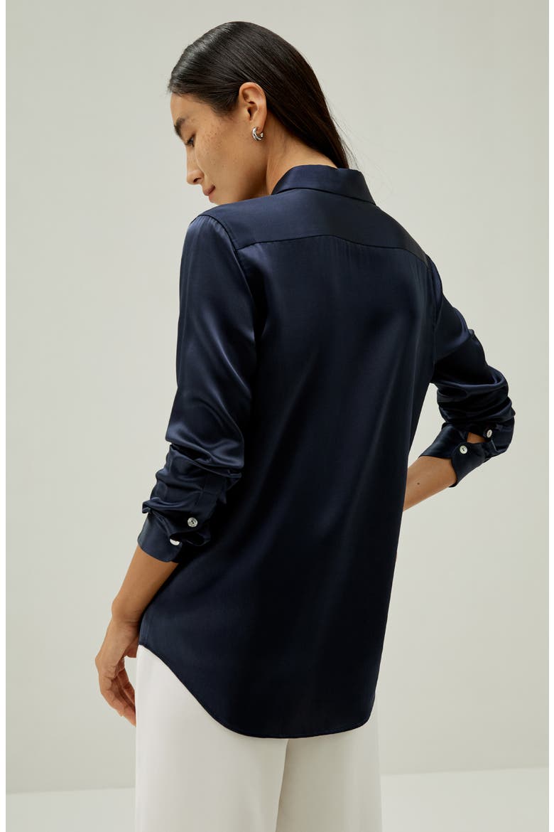 Women's Elegant Button Up Silk Shirt, Alternate, color, Navy Blue