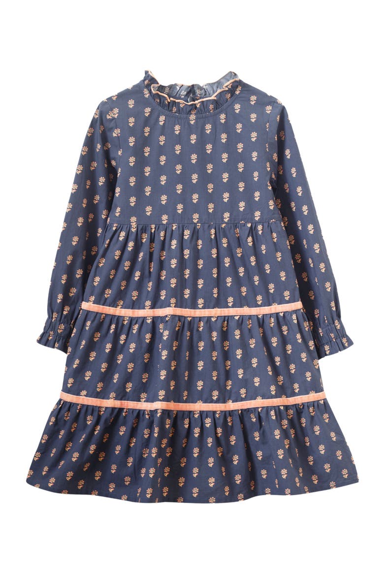 Toddler Girls' Long Sleeves Tiered Skirt Dress with Velvet Trim | Orange Floral, Alternate, color, Black and Orange