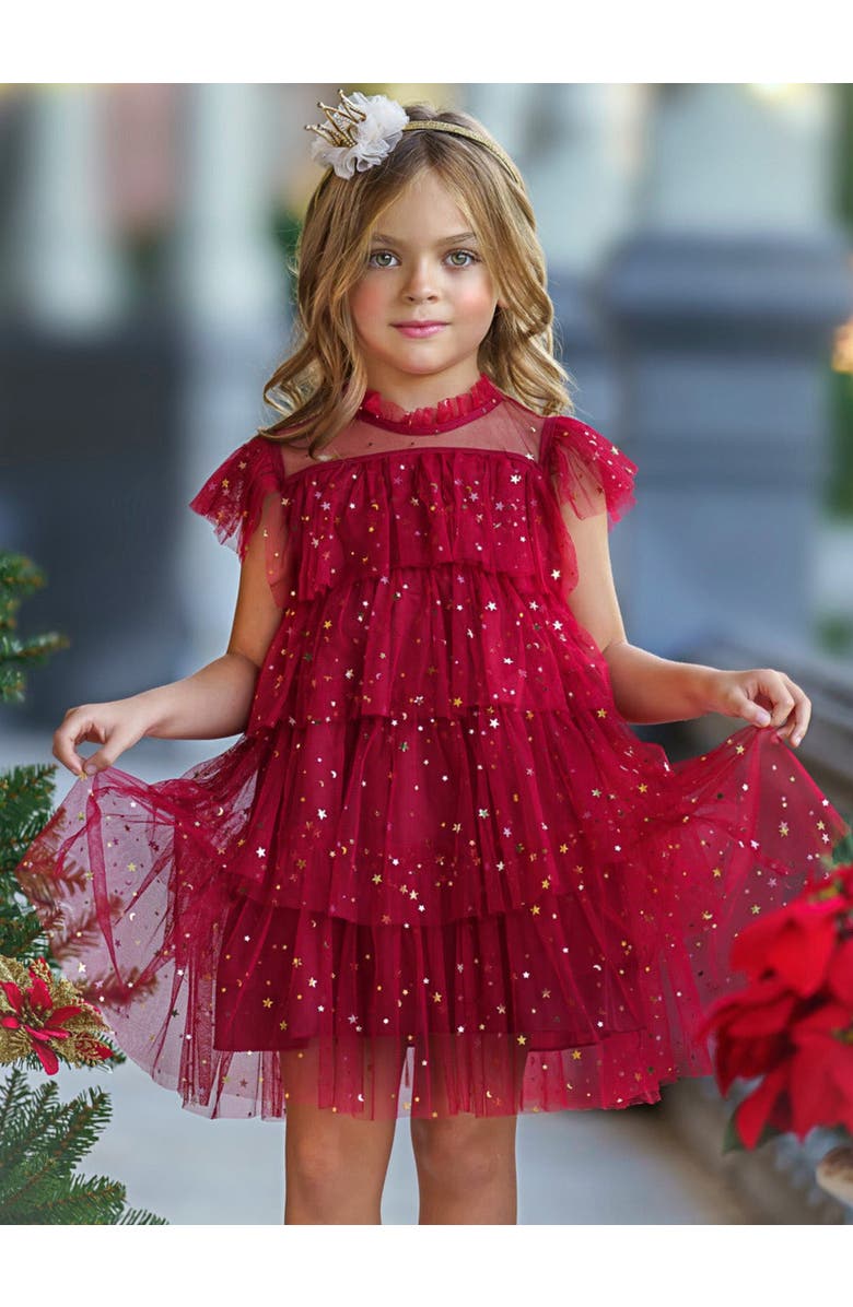 Mia Belle Girls Dancing Star Sequin Tiered Tulle Dress, Alternate, color, Red