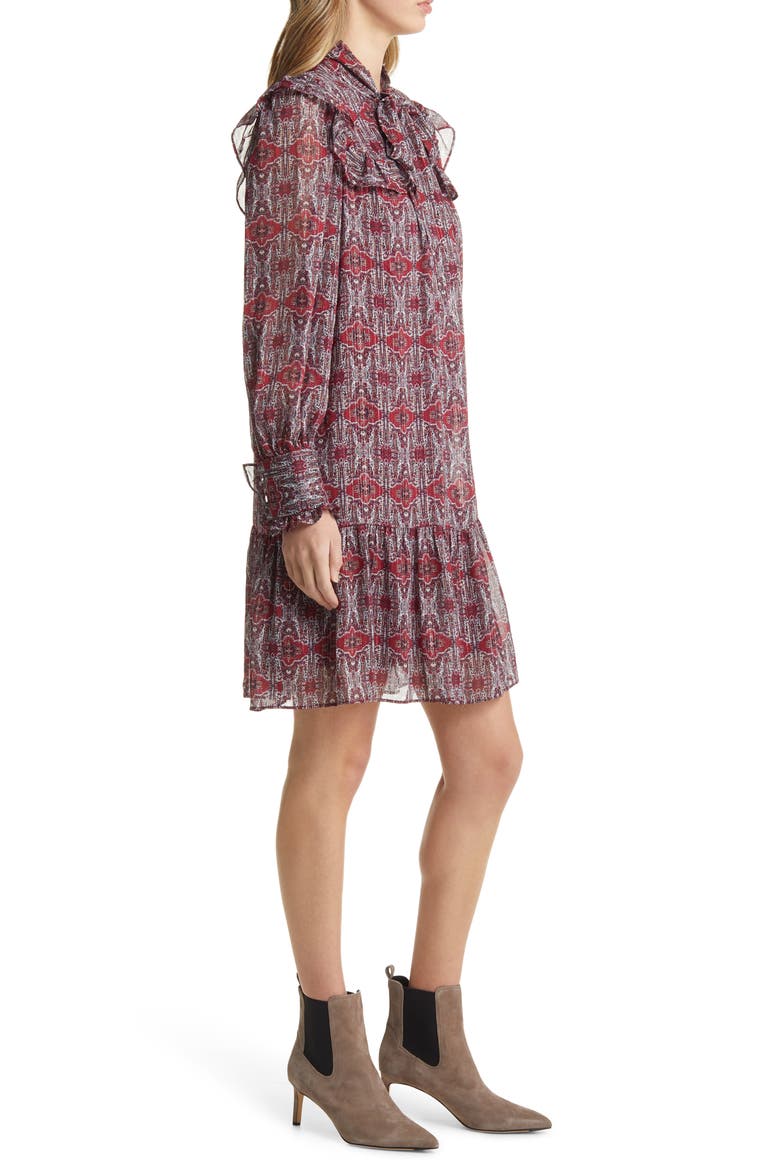 Ruffle Yoke Tie Neck Long Sleeve Dress, Alternate, color, RED MULTI