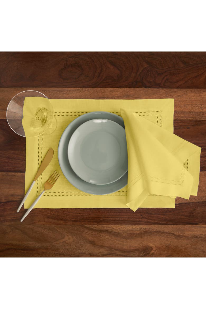 Linen Dinner Napkins Set of 4, 20 x 20" - Linen Double Hemstitch, Alternate, color, Sunshine Yellow