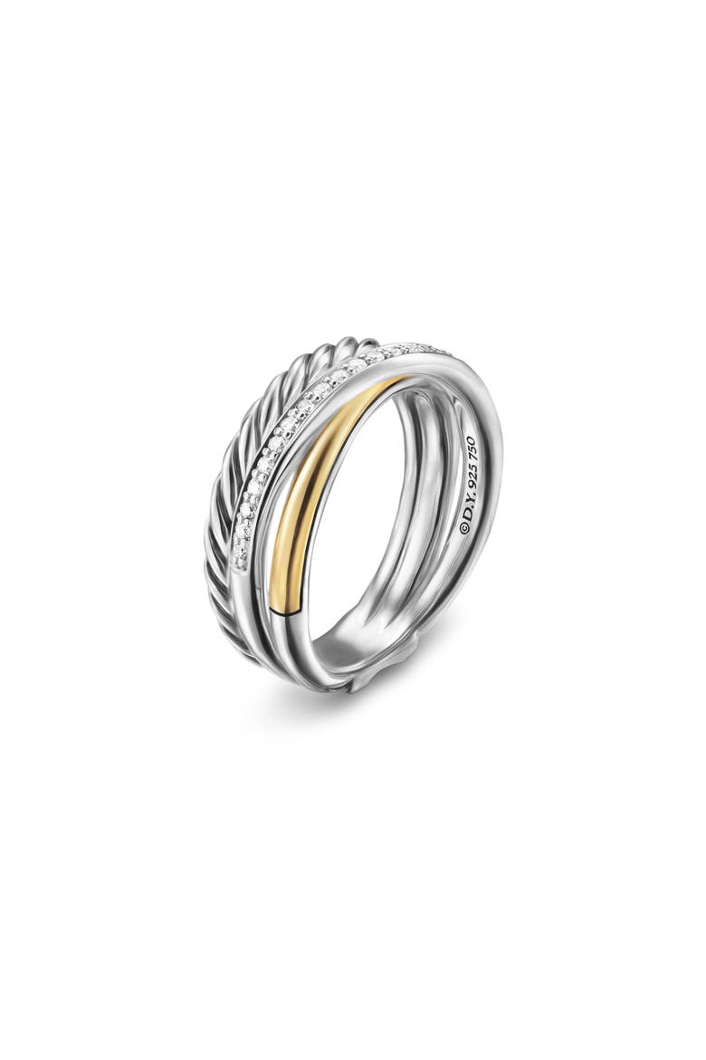 Crossover Three-Row Ring in Sterling Silver with 18K Yellow Gold and Diamonds, 7mm, Alternate, color, STERLING SILVER AND 18K GOLD