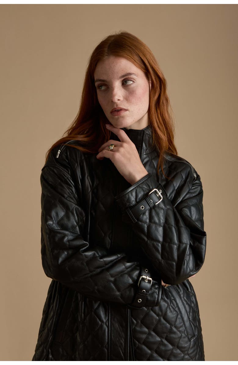 Furniq UK Nora Leather Coat, Alternate, color, Black