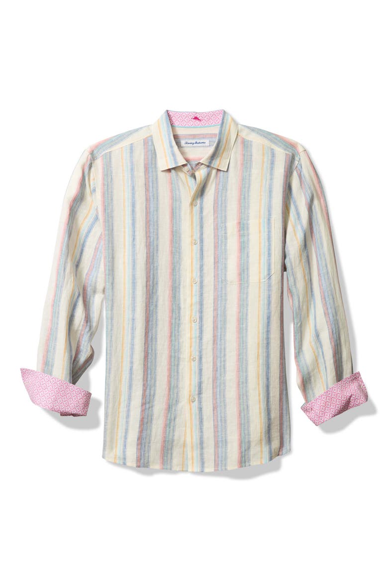 Las Mantas Stripe Linen Button-Up Shirt, Main, color, SANDSTONE