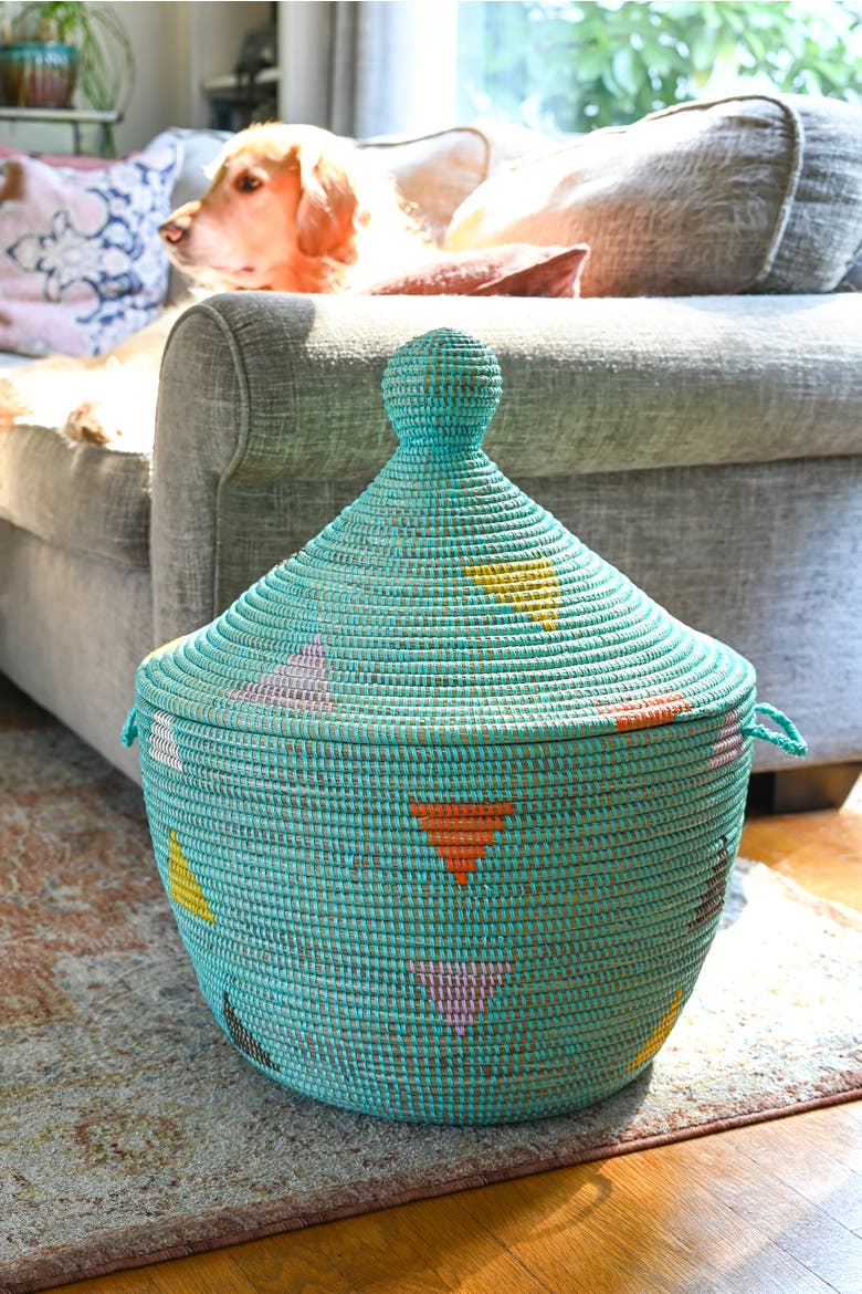 Aqua Teranga Triangles Lidded Storage Basket, Alternate, color, Aqua
