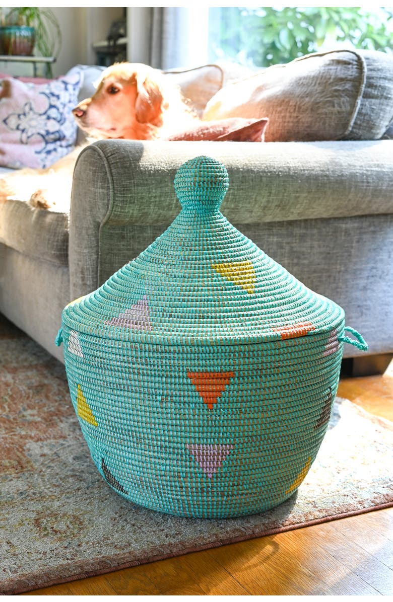 African Modern Aqua Teranga Triangles Lidded Storage Basket, Alternate, color, Aqua
