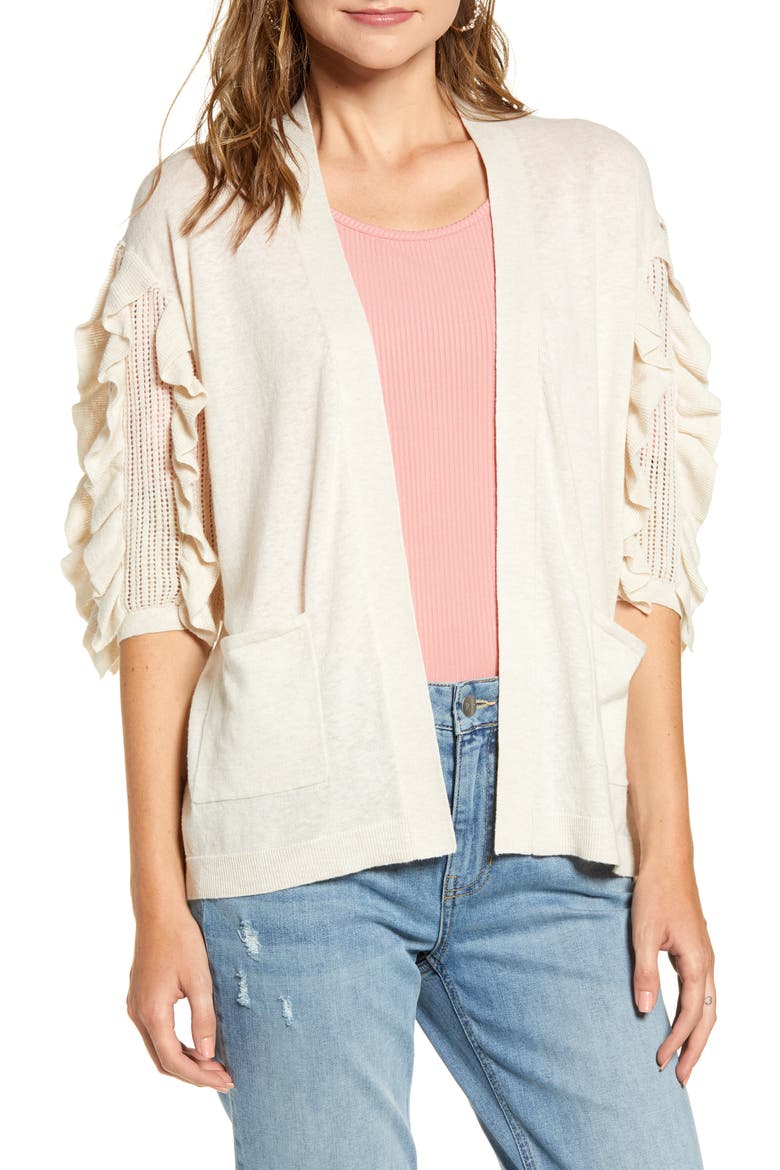 Ruffle Sleeve Cardigan Sweater, Main, color, BEIGE OATMEAL HEATHER