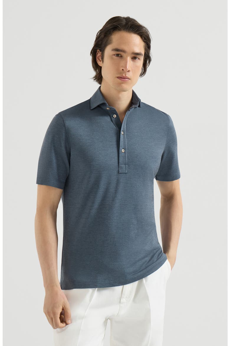 Virgin wool, silk and cotton piqué polo shirt with spread collar, Main, color, Cerulean
