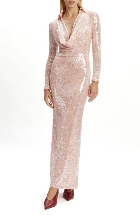 Lorel Sequin Plunge Long Sleeve Maxi Dress