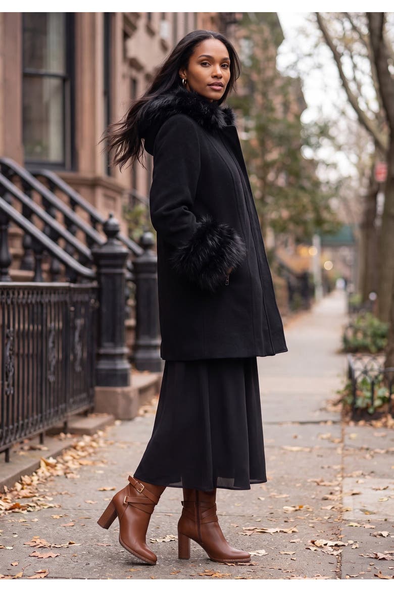 Hooded Faux Fur Trim Coat, Alternate, color, BLACK